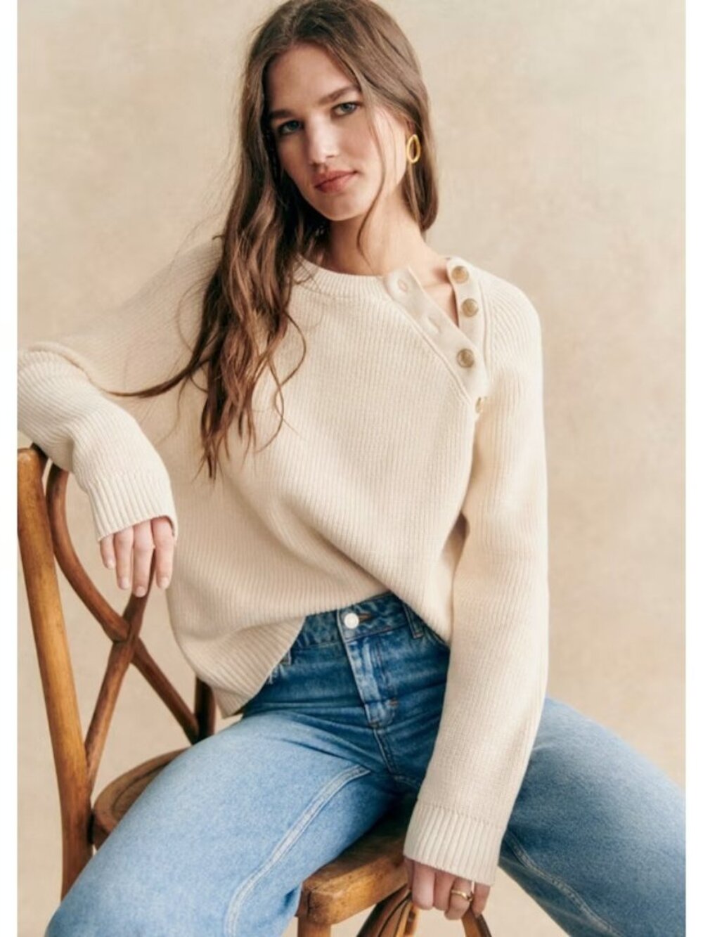 NWT La Maille Sezane Gary Jumper in Ecru Shoulder Button Cotton Sweater XXS